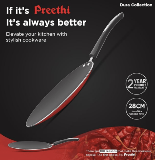 ‎Preethi Dura Collectiona Non Stick Concave Tawa, 28 cm, Gas & Induction Compatible, 5 Star Non Stick Effect, Chilly Red - Image 2